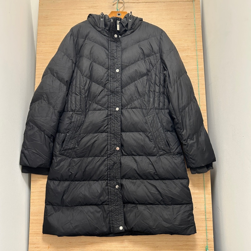 Jones New York Womens Black Quilted Hooded Puffer Coat Parka Jacket L RN15101